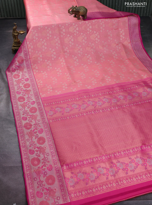 Pure kanchipuram silk saree peach shade and pink with allover zari woven brocade weaves and long rich zari woven border