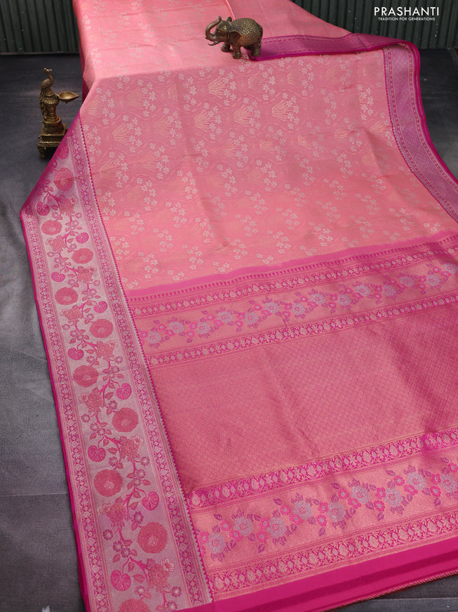 Pure kanchipuram silk saree peach shade and pink with allover zari woven brocade weaves and long rich zari woven border