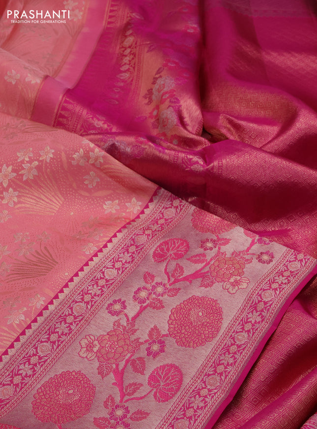 Pure kanchipuram silk saree peach shade and pink with allover zari woven brocade weaves and long rich zari woven border