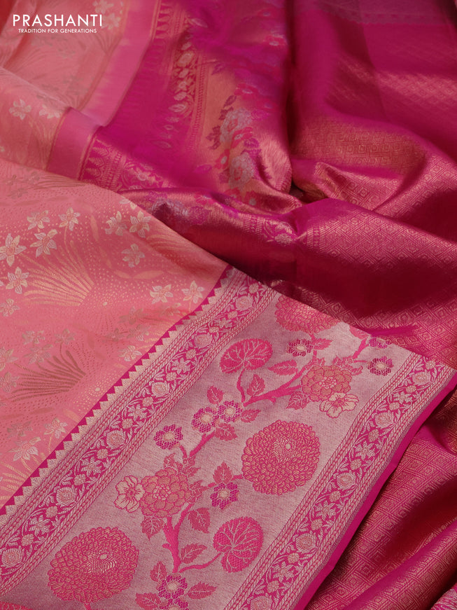 Pure kanchipuram silk saree peach shade and pink with allover zari woven brocade weaves and long rich zari woven border