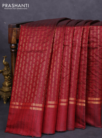 Pure dupion silk saree maroon with allover zari weaves and zari woven simple border