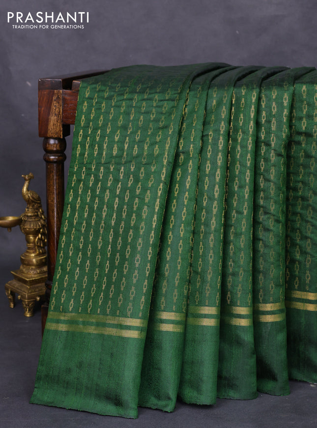 Pure dupion silk saree green with allover zari weaves and zari woven simple border
