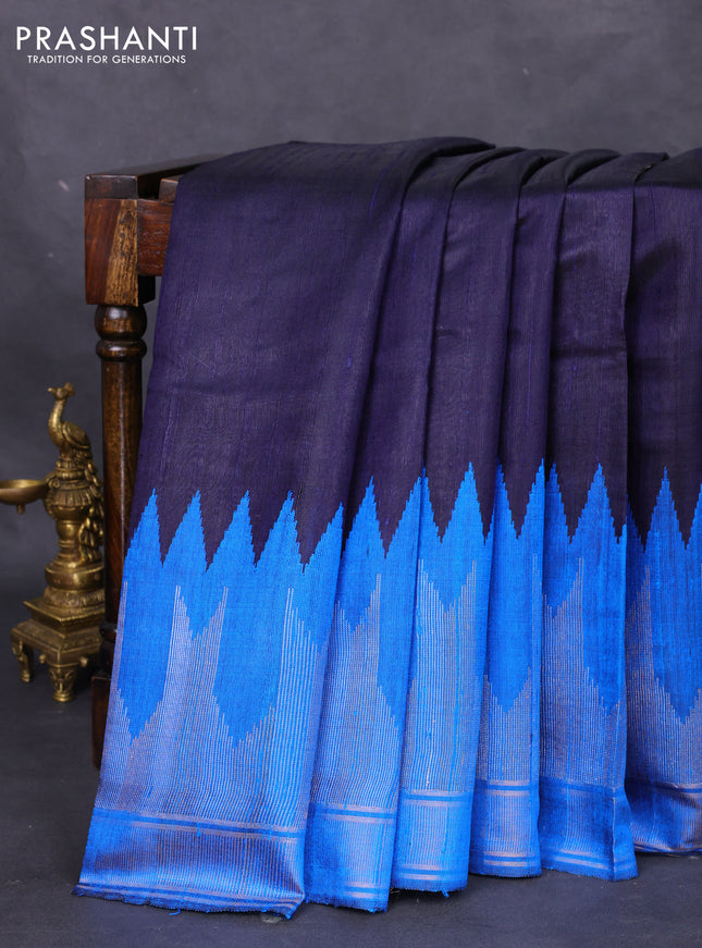 Pure dupion silk saree navy blue and cs blue with plain body and temple design zari woven border
