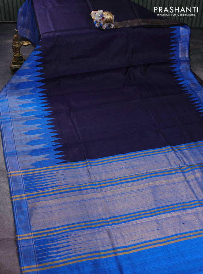 Pure dupion silk saree navy blue and cs blue with plain body and temple design zari woven border