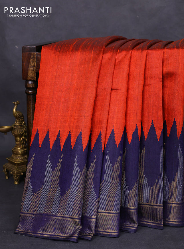 Pure dupion silk saree orange and navy blue with plain body and temple design zari woven border