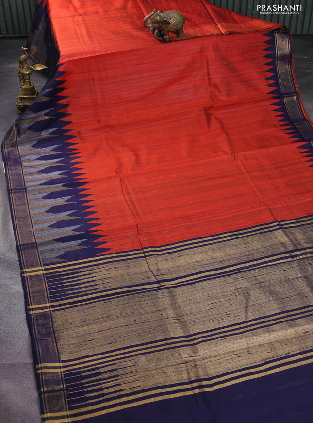 Pure dupion silk saree orange and navy blue with plain body and temple design zari woven border