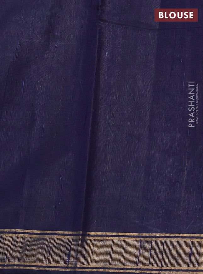 Pure dupion silk saree orange and navy blue with plain body and temple design zari woven border