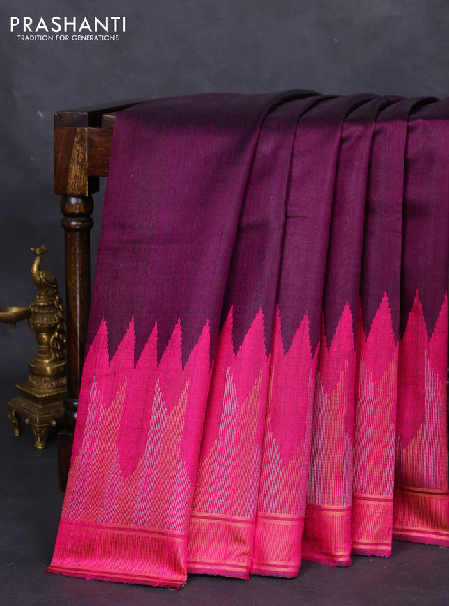 Pure dupion silk saree deep purple and magenta pink with plain body and temple design zari woven border