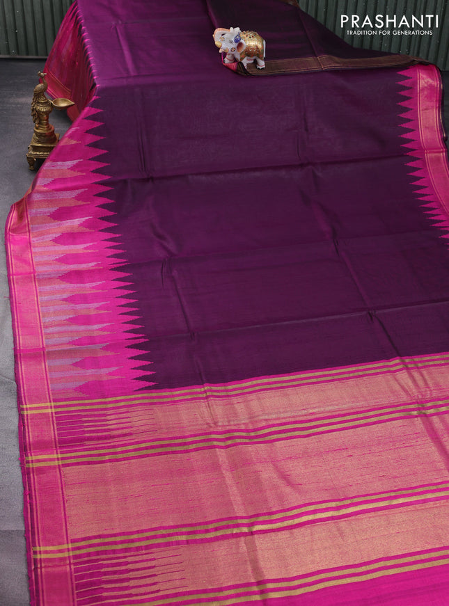 Pure dupion silk saree deep purple and magenta pink with plain body and temple design zari woven border