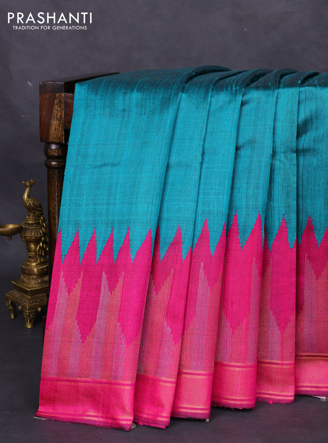 Pure dupion silk saree peacock green and pink with plain body and temple design zari woven border