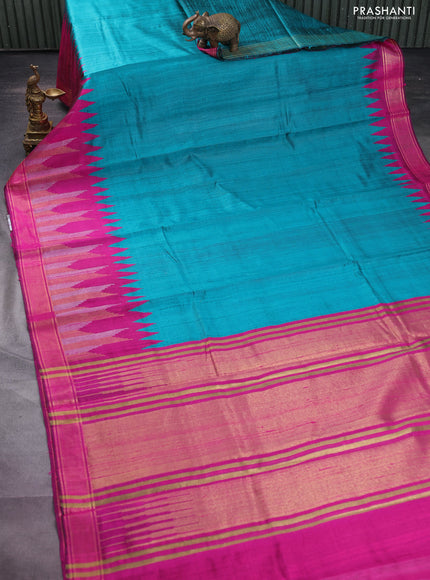 Pure dupion silk saree peacock green and pink with plain body and temple design zari woven border