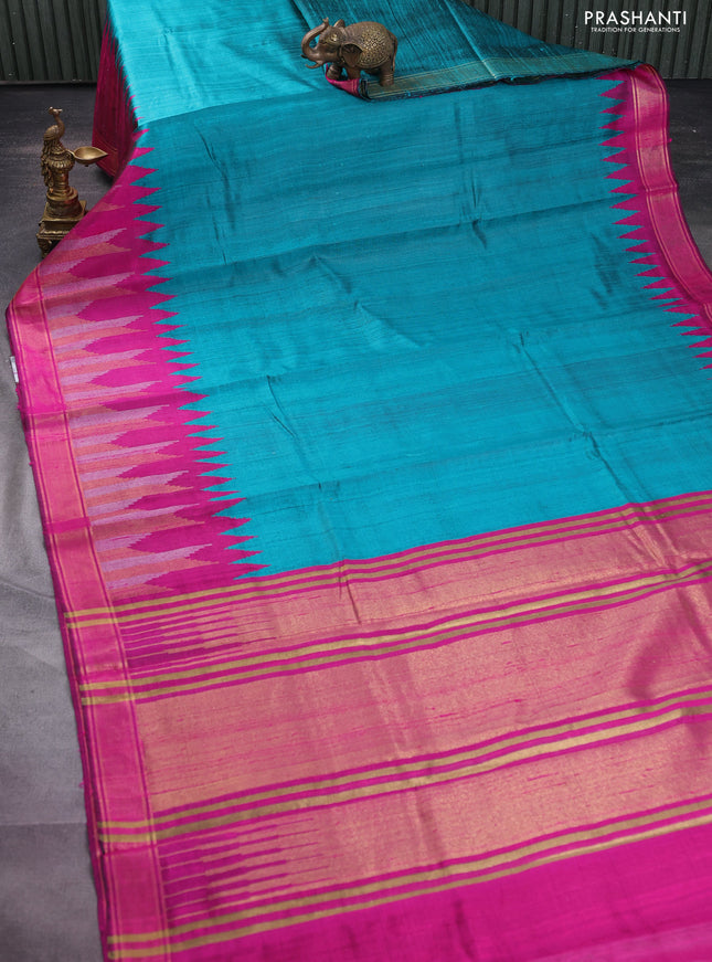 Pure dupion silk saree peacock green and pink with plain body and temple design zari woven border