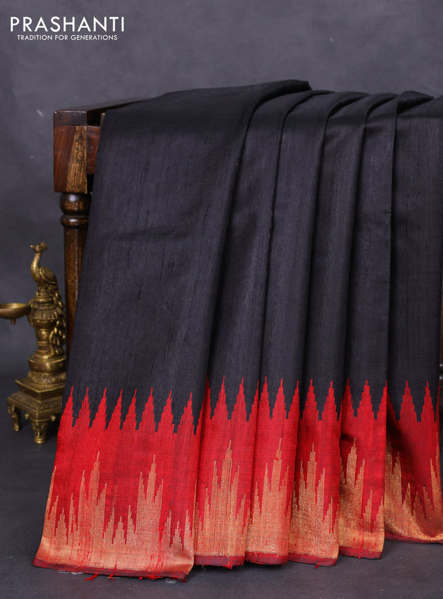 Pure dupion silk saree black and maroon with plain body and temple design zari woven border