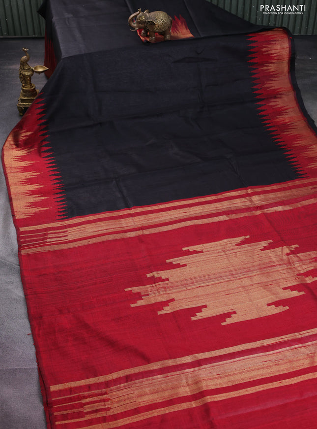 Pure dupion silk saree black and maroon with plain body and temple design zari woven border
