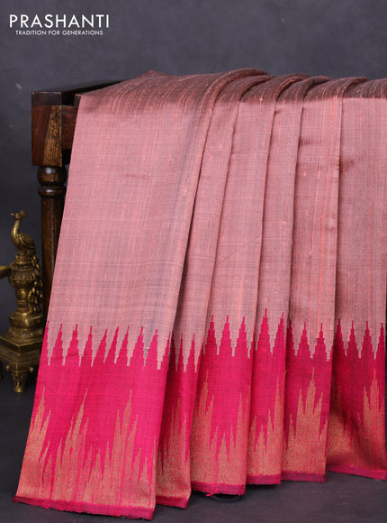 Pure dupion silk saree peach pink and pink with plain body and temple design zari woven border