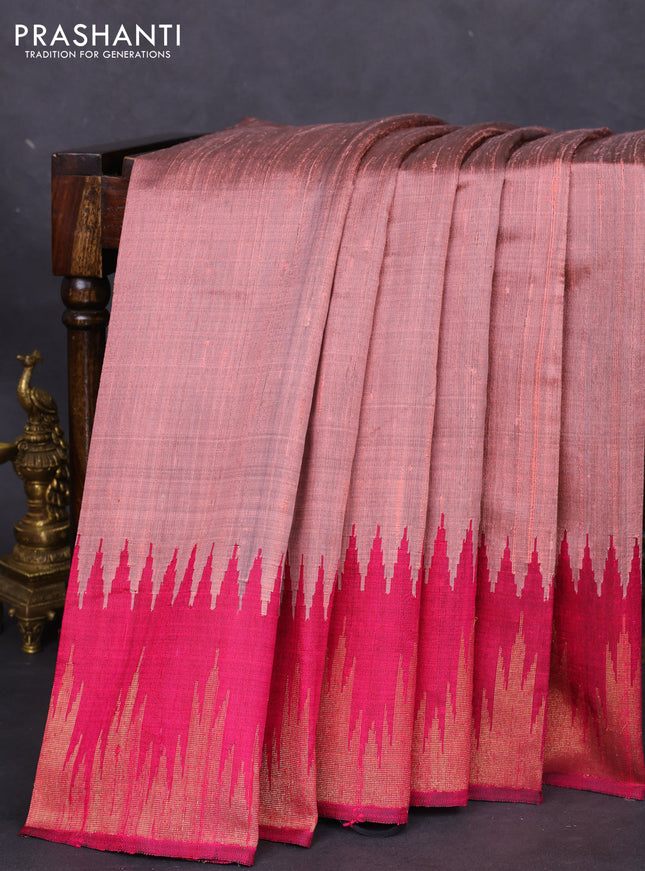 Pure dupion silk saree peach pink and pink with plain body and temple design zari woven border