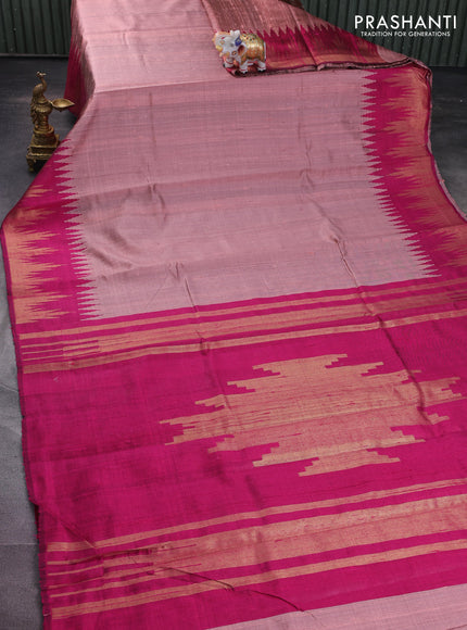 Pure dupion silk saree peach pink and pink with plain body and temple design zari woven border