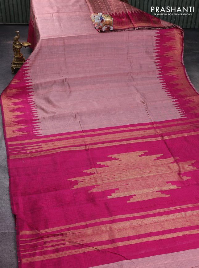 Pure dupion silk saree peach pink and pink with plain body and temple design zari woven border