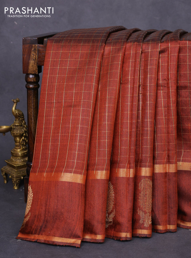 Pure dupion silk saree rustic brown with allover zari checked pattern and zari woven butta border