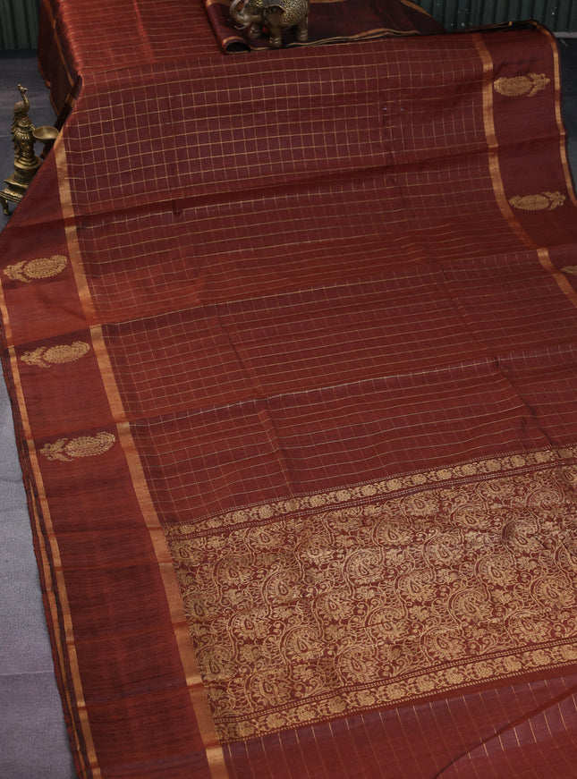 Pure dupion silk saree rustic brown with allover zari checked pattern and zari woven butta border