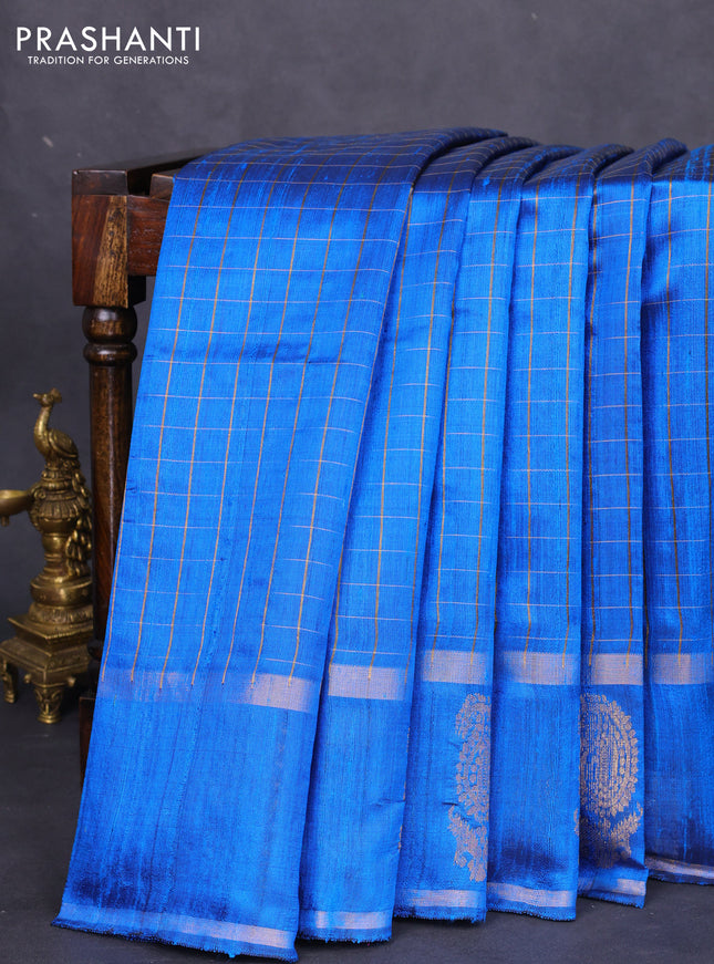 Pure dupion silk saree cs blue with allover zari checked pattern and zari woven butta border