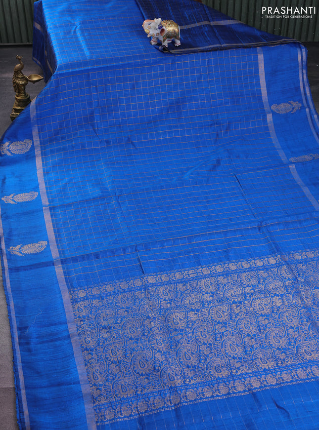 Pure dupion silk saree cs blue with allover zari checked pattern and zari woven butta border