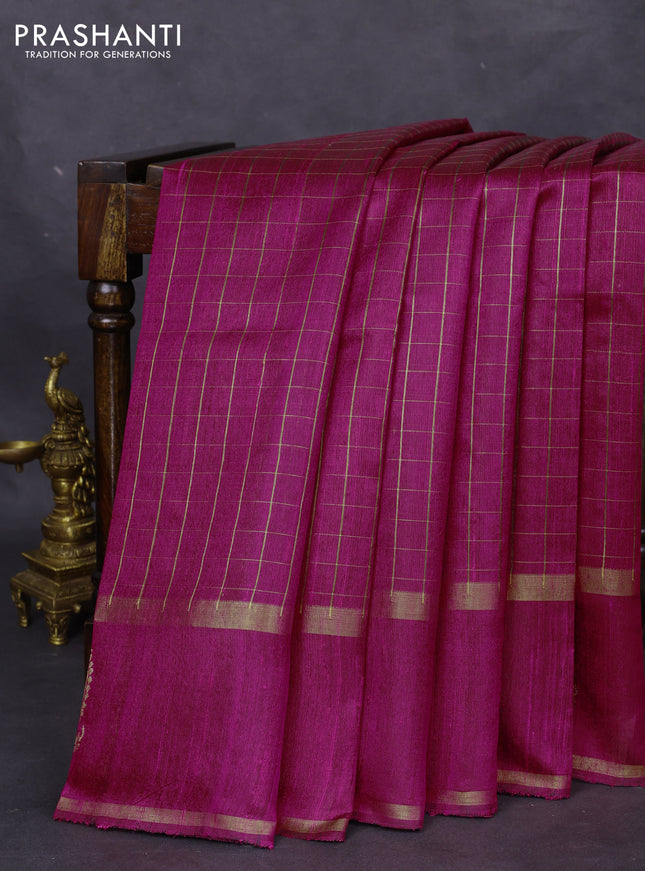 Pure dupion silk saree magenta pink with allover zari checked pattern and zari woven butta border