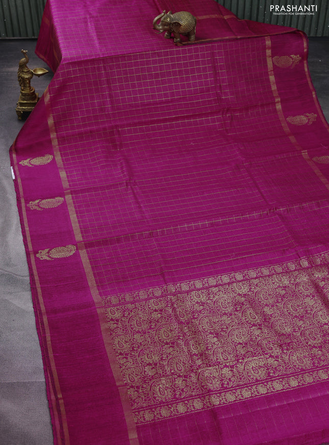 Pure dupion silk saree magenta pink with allover zari checked pattern and zari woven butta border