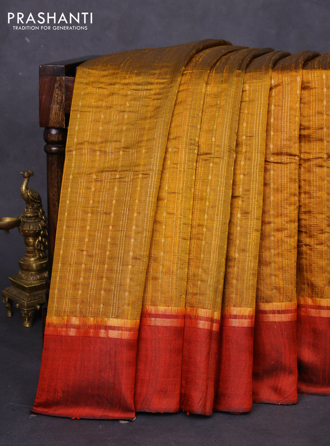 Pure dupion silk saree mustard yellow and rust shade with allover zari weaves and zari woven simple border