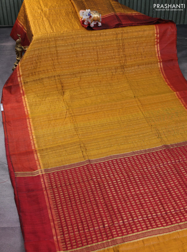Pure dupion silk saree mustard yellow and rust shade with allover zari weaves and zari woven simple border