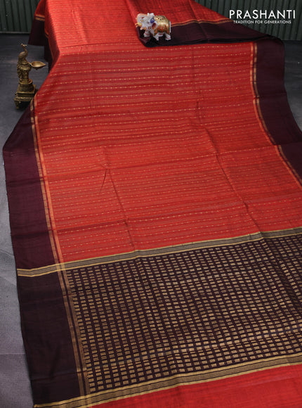 Pure dupion silk saree orange and deep maroon with allover zari weaves and zari woven simple border