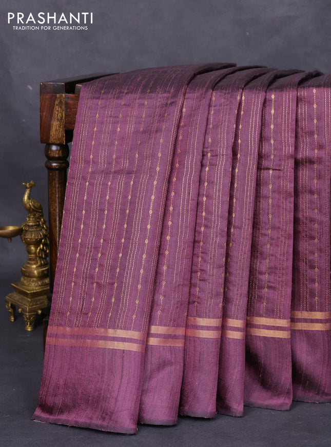 Pure dupion silk saree wine shade with allover zari weaves and zari woven simple border