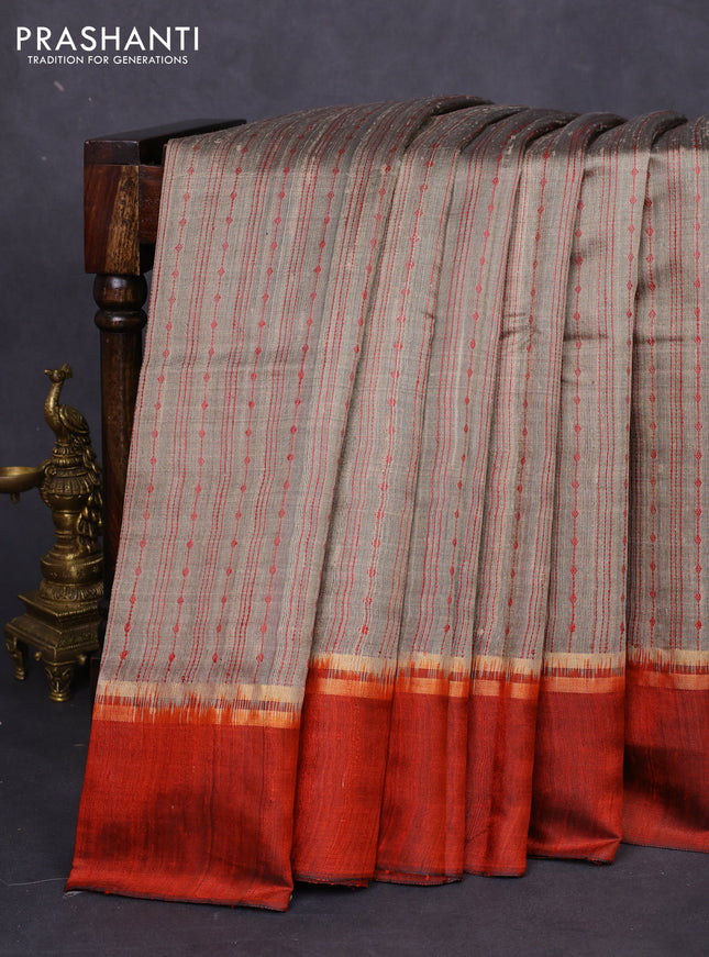 Pure dupion silk saree grey and rust shade with allover thread weaves and zari woven simple border