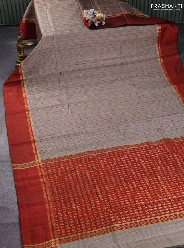 Pure dupion silk saree grey and rust shade with allover thread weaves and zari woven simple border
