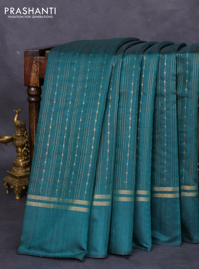 Pure dupion silk saree peacock green with allover zari weaves and zari woven simple border