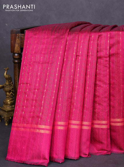 Pure dupion silk saree magenta pink with allover zari weaves and zari woven simple border