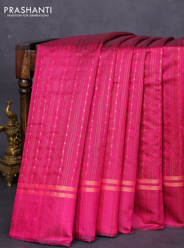 Pure dupion silk saree magenta pink with allover zari weaves and zari woven simple border