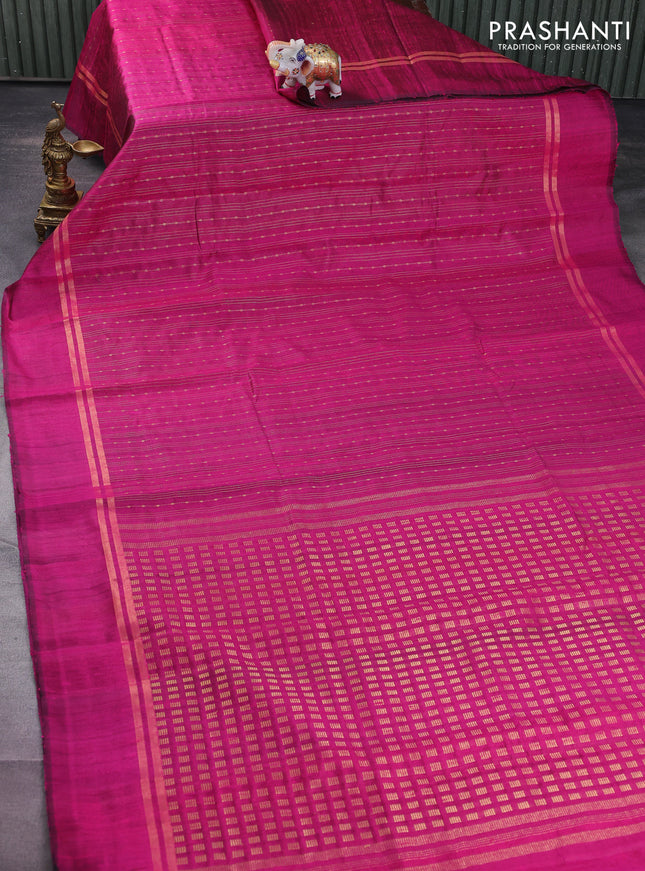 Pure dupion silk saree magenta pink with allover zari weaves and zari woven simple border