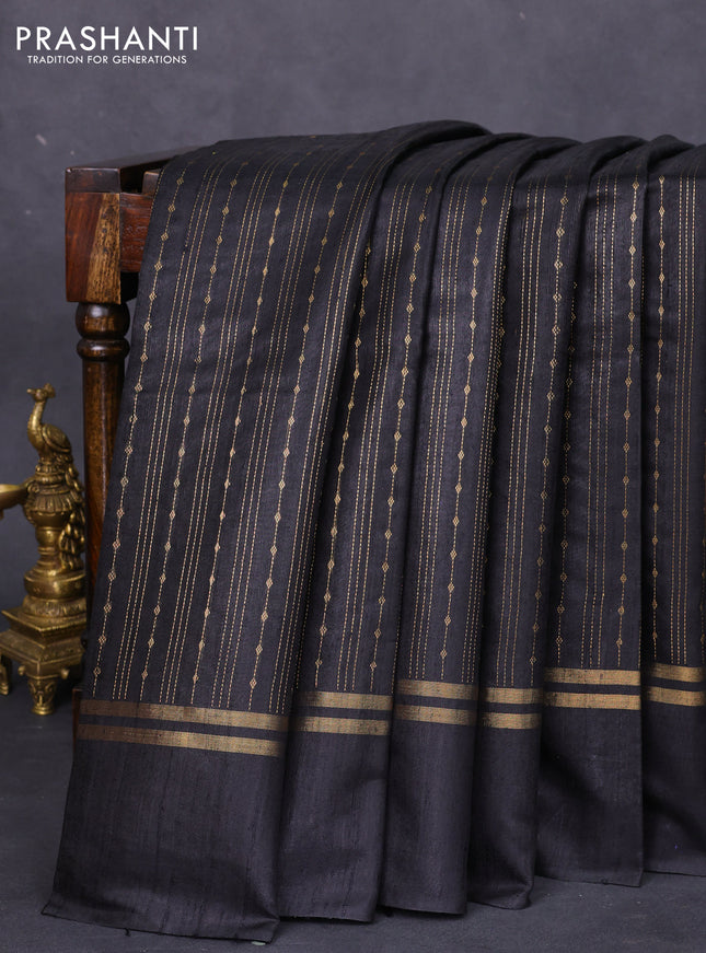 Pure dupion silk saree black with allover zari weaves and zari woven simple border