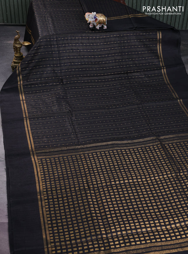 Pure dupion silk saree black with allover zari weaves and zari woven simple border