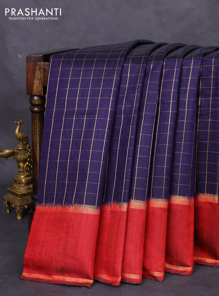 Pure dupion silk saree navy blue and maroon with allover zari checked pattern and zari woven butta border