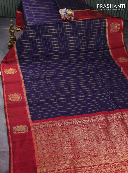 Pure dupion silk saree navy blue and maroon with allover zari checked pattern and zari woven butta border