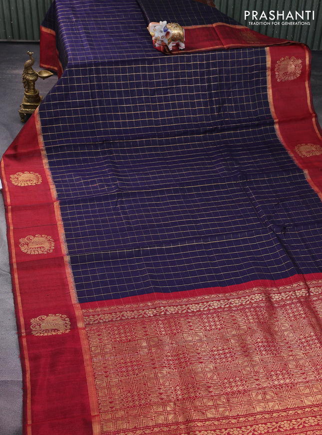 Pure dupion silk saree navy blue and maroon with allover zari checked pattern and zari woven butta border