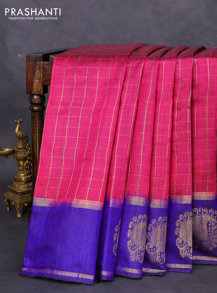 Pure dupion silk saree pink and blue with allover zari checked pattern and zari woven butta border