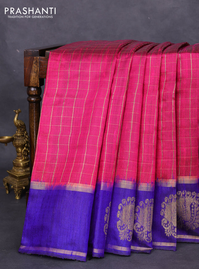 Pure dupion silk saree pink and blue with allover zari checked pattern and zari woven butta border