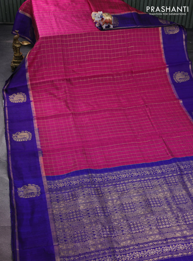 Pure dupion silk saree pink and blue with allover zari checked pattern and zari woven butta border