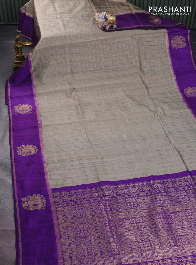 Pure dupion silk saree chikku shade and violet with allover zari checked pattern and zari woven butta border