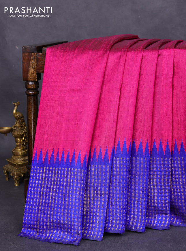 Pure dupion silk saree magenta pink and blue with plain body and temple design zari butta border