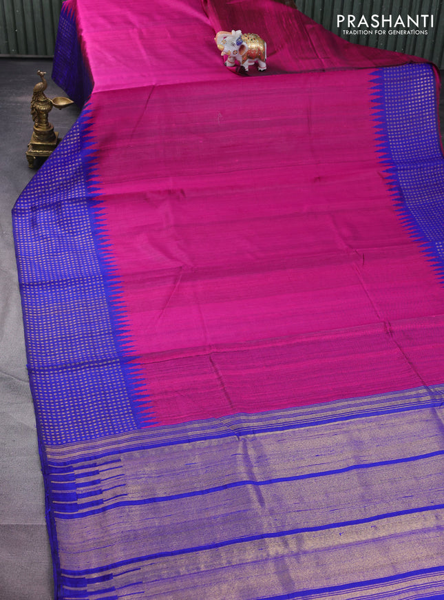 Pure dupion silk saree magenta pink and blue with plain body and temple design zari butta border