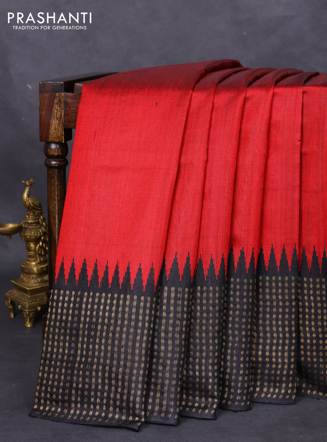 Pure dupion silk saree maroon and black with plain body and temple design zari butta border